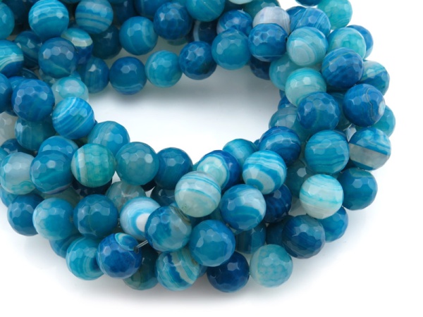 Blue Banded Agate Faceted Round Beads 10mm ~ 15'' Strand