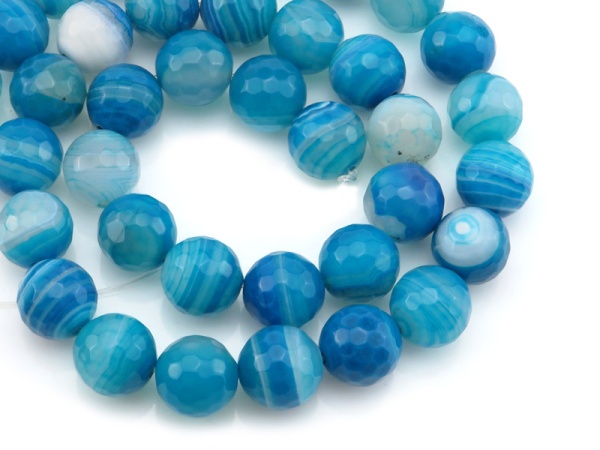 Blue Banded Agate Faceted Round Beads 10mm ~ 15'' Strand