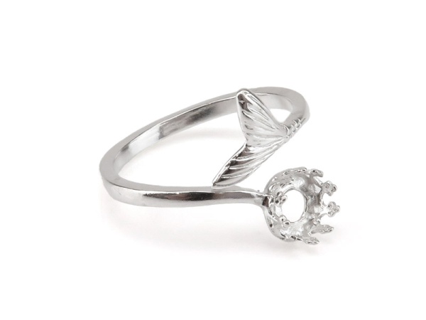 Sterling Silver Adjustable Mermaid Tail Ring with Bezel Cup 6mm