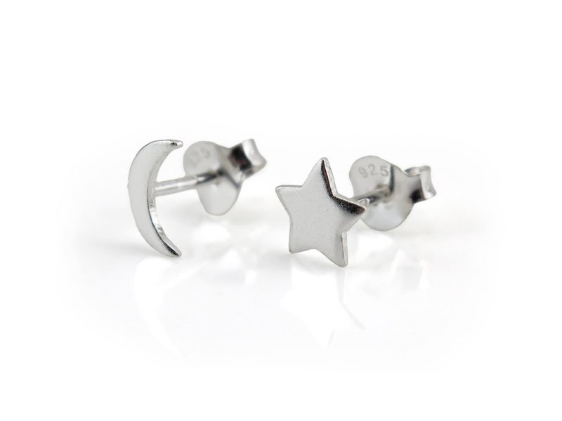 Sterling Silver Moon and Star Studs  ~ PAIR