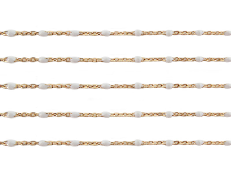 Gold Filled Flat Cable Chain w/ White Enamel Beads 2mm x 1.5mm ~ by the Foot