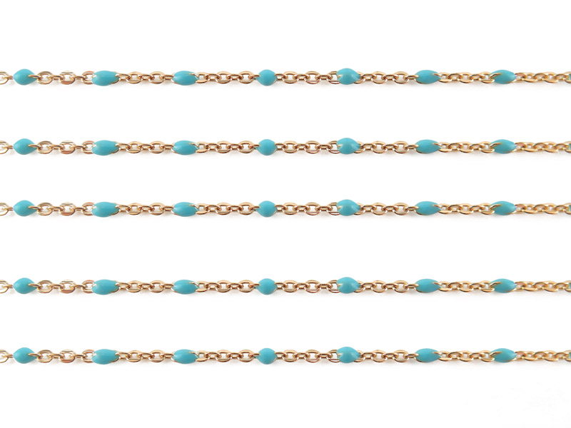 Gold Filled Flat Cable Chain w/ Turquoise Enamel Beads 2mm x 1.5mm ~ by the Foot