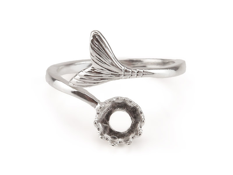 Sterling Silver Adjustable Mermaid Tail Ring with Bezel Cup 6mm