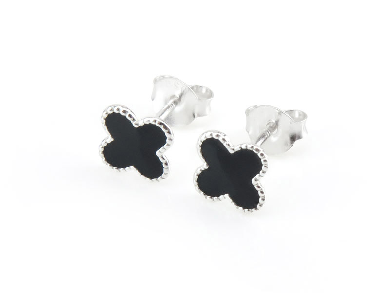 Sterling Silver Black Enamel Clover Ear Studs ~ PAIR